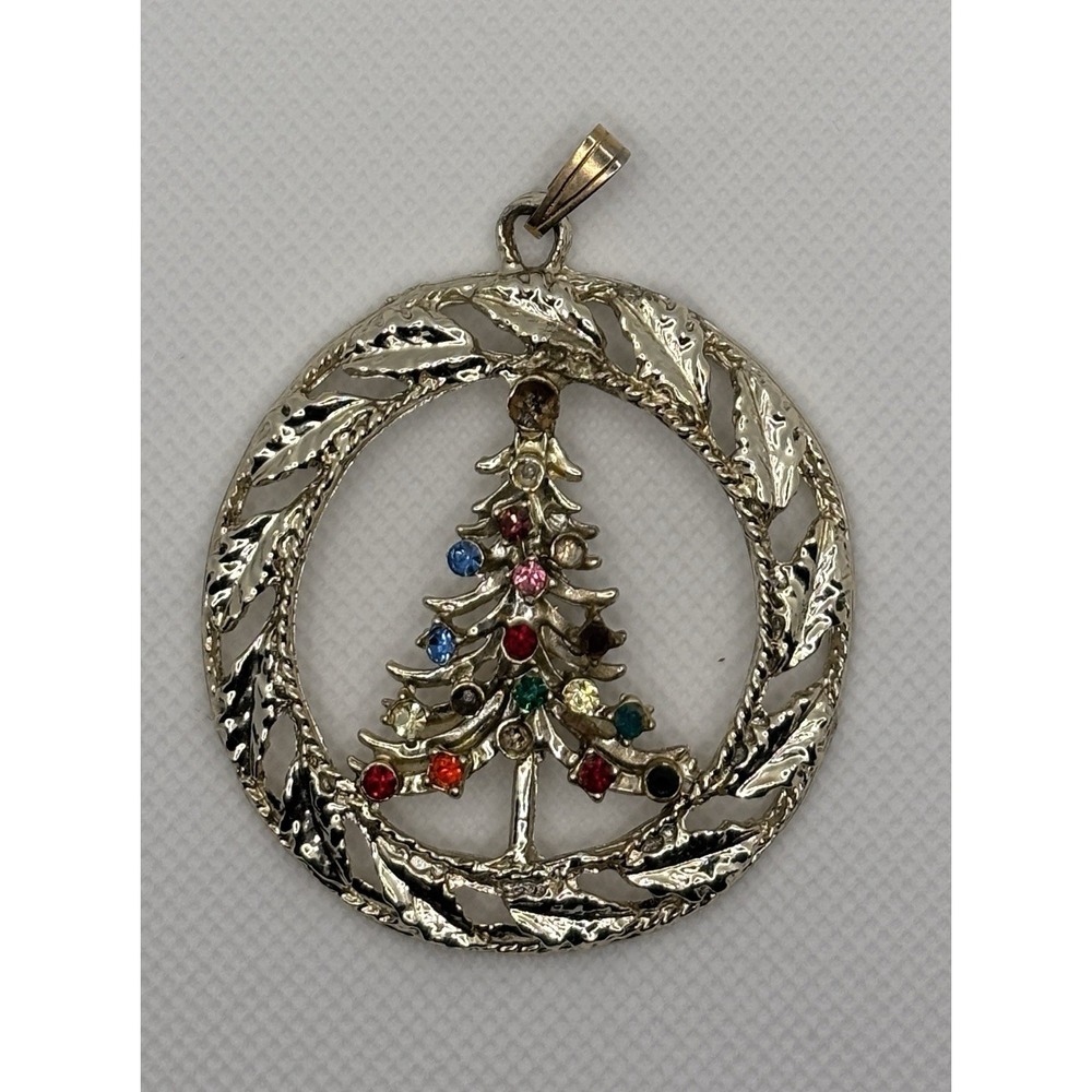 Vintage Silver toned Christmas Tree Round Pendant With Faux Gemstones 2"